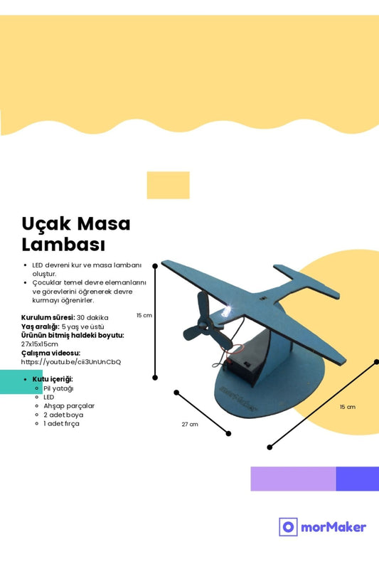 TÜRK MALI Uçak Masa Lambası Ahşap Oyuncak STEM-A Eğitim Seti Çocuklar için Boyanabilir Maket