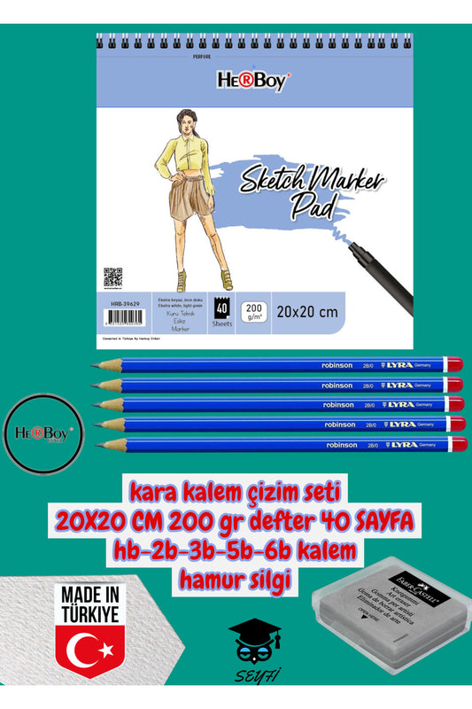 kara kalem çizim seti 20X20 CM 200 gr defter 40 SAYFA hb-2b-3b-5b-6b kalem hamur silgi herboy