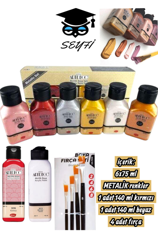 6x75 ml METALİK renkler 1 adet 140 ml kırmızı 1 adet 140 ml beyaz 4 adet fırça
