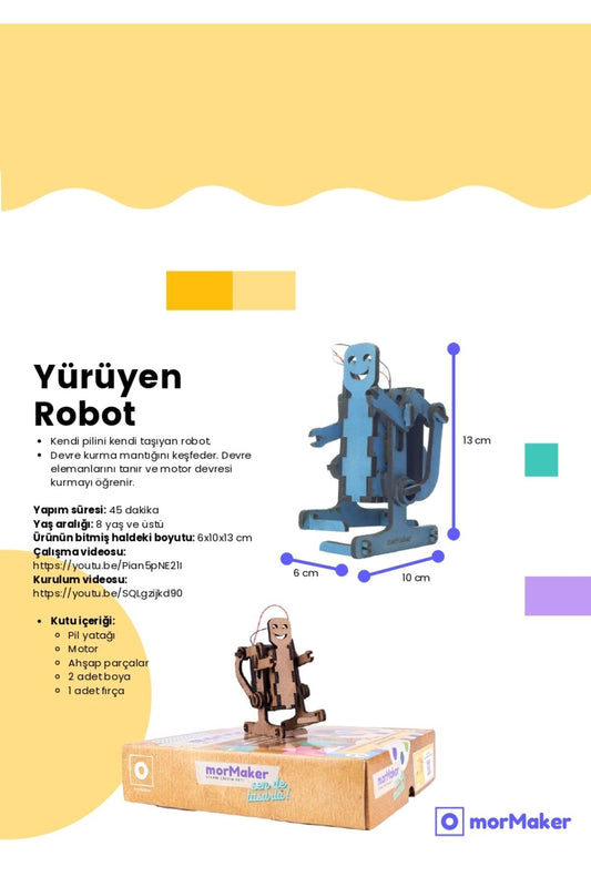 TÜRK MALI Yürüyen Robot DC Motorlu Ahşap Oyuncak STEM-A Set Çocuklar için Boyanabilir Maket