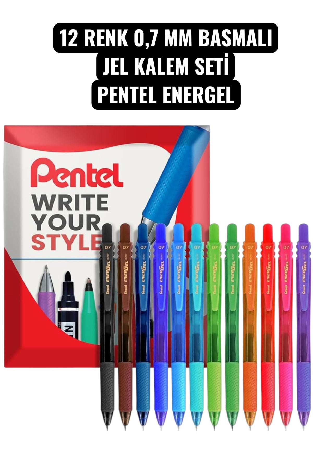 12 RENK 0,7 MM BASMALI JEL KALEM SETİ PENTEL ENERGEL
