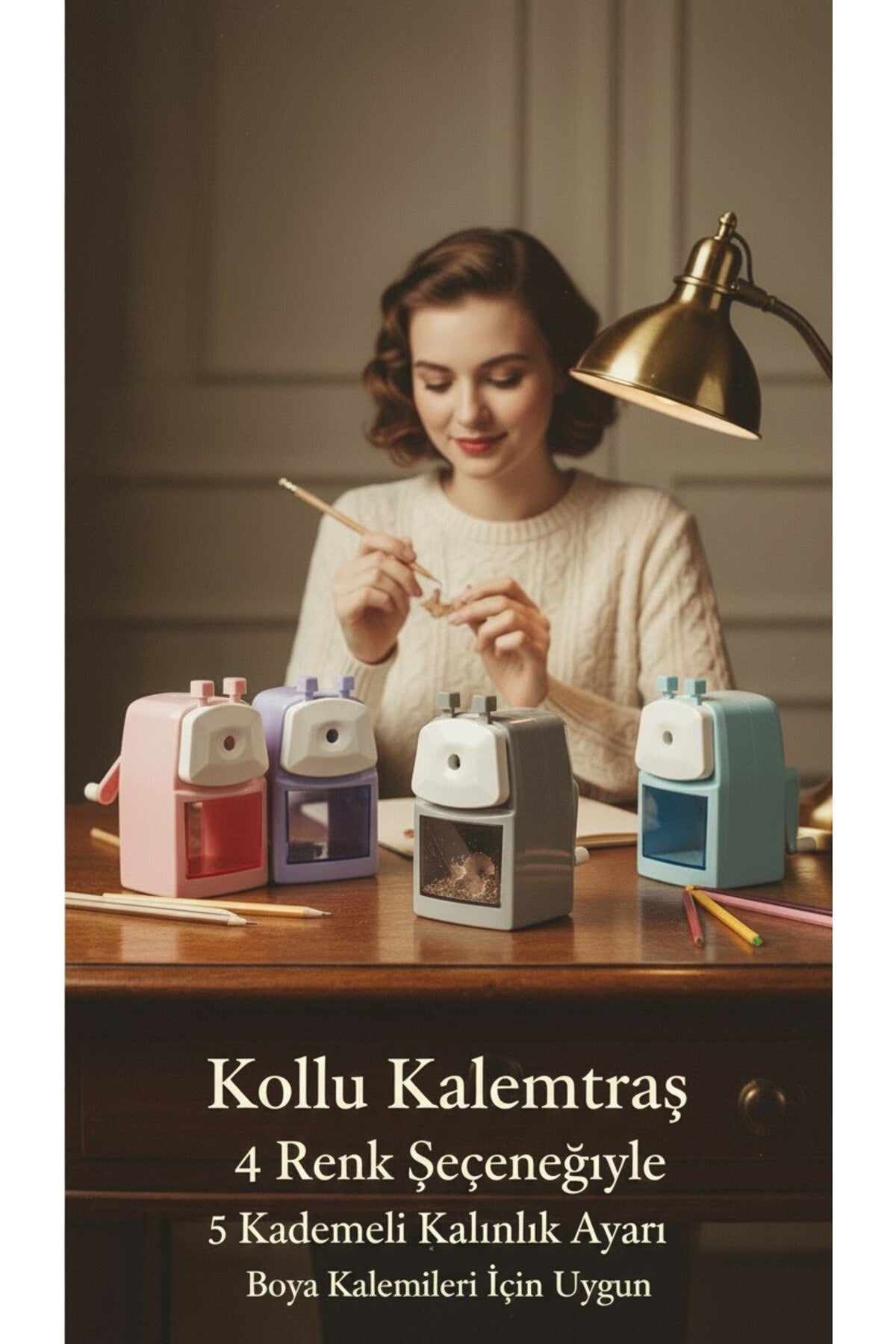 KOLLU KALEMTRAŞ 5 KADEMELİ RENKLİ KALEMLER İÇİN UYGUN BÜYÜK TİP PLASTİK GÖVDE ÇELİK DİŞLİ