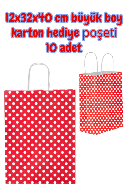 Kırmızı Puantiye 12x32x40 cm büyük boy karton hediye poşeti 10 adet