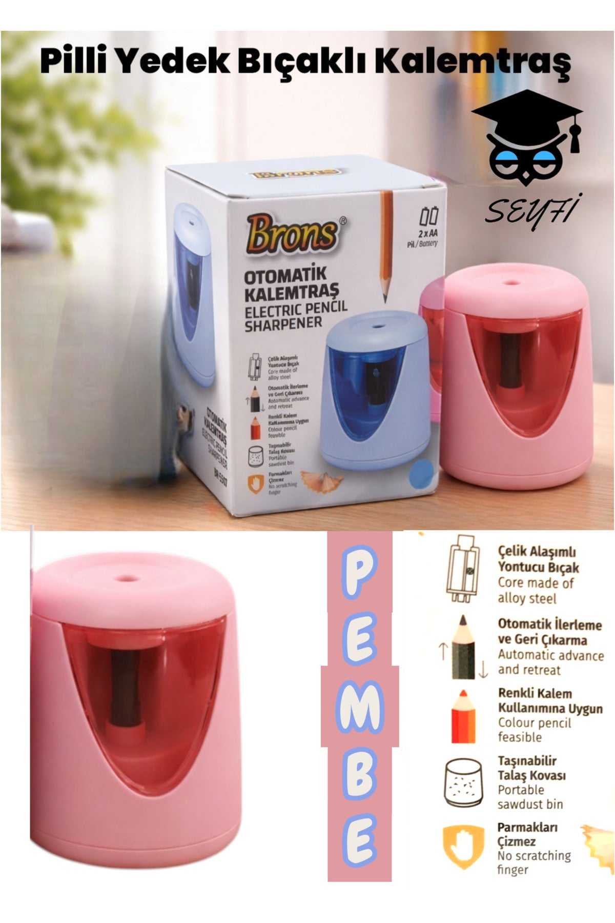PİLLİ OTOMATİK MASAÜSTÜ KALEMTRAŞ YEDEK BIÇAKLI ÇELİK BIÇAKLI