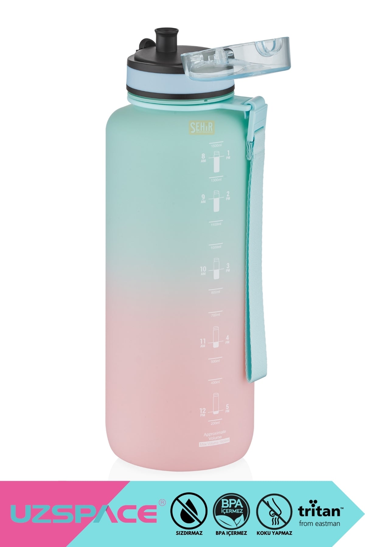 1500ml Yeni Çift Renkli Sızdırmaz BPA İçermez Kilitlenebilir Kapaklı Motivasyonel Tritan Su Matarası