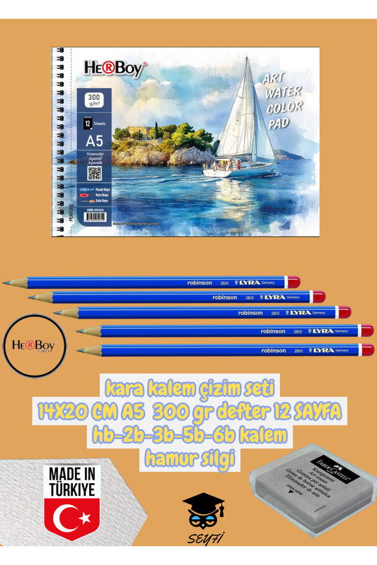 kara kalem çizim seti 14X20 CM A5 300 gr defter 12 SAYFA hb-2b-3b-5b-6b kalem hamur silgi herboy