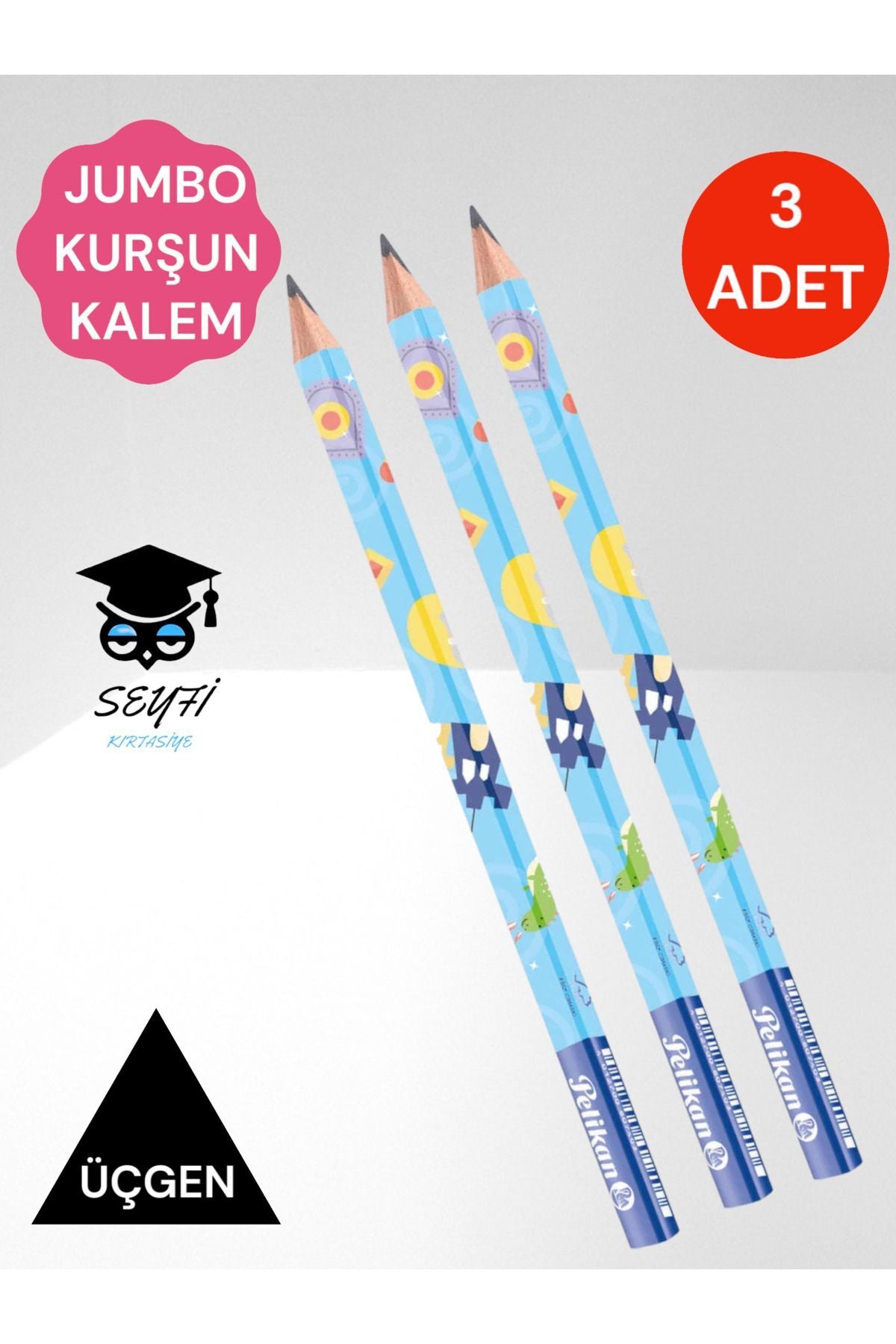 Pelikan Jumbo Üçgen Kurşun Kalem 3 Adet Combino Hayvan Desenli Başlangıç Kalemi B Derece