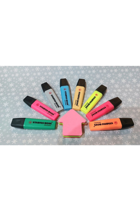 Stabilo Boss 8 Renk Set Pastel Neon Karışık + 200 Yaprak Yapışkanlı Not Kağıdı