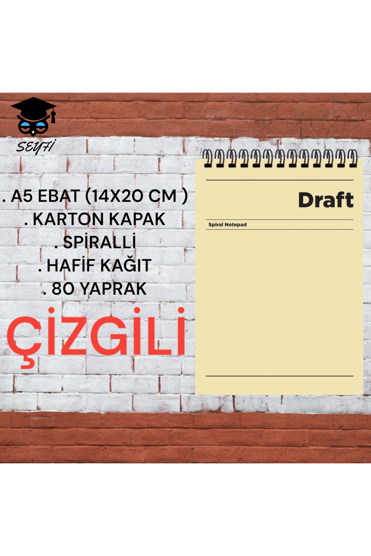 A5 14x20 Cm Çizgili 80 Yaprak Üstten Açılır Karton Kapak Telli Hafif Kağıt 1.hamur Perfore Draft Ser