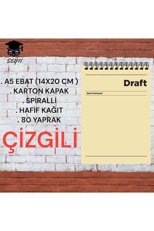 A5 14x20 Cm Çizgili 80 Yaprak Üstten Açılır Karton Kapak Telli Hafif Kağıt 1.hamur Perfore Draft Ser