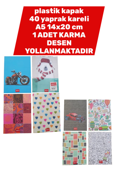 plastik kapak 14X20 CM A5 ebat 40 yaprak kareli defter 1 adet karma desen yollanmaktadır