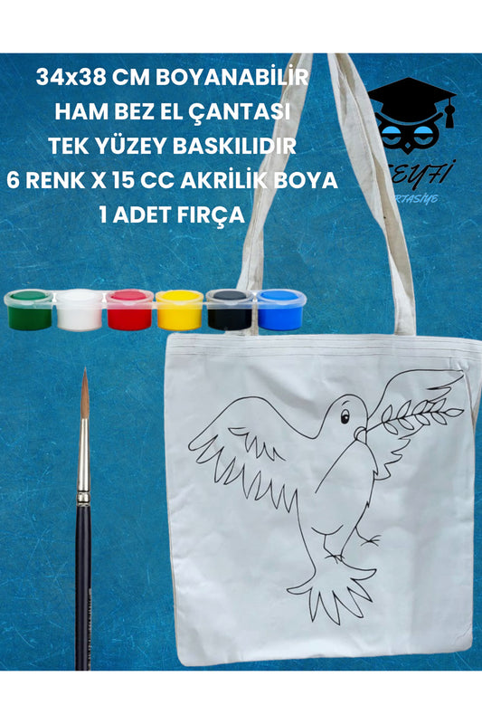 34x38 CM BOYANABİLİR HAM BEZ EL ÇANTASI TEK YÜZEY BASKILIDIR 6 RENK X 15 CC AKRİLİK BOYA 1 FIRÇA