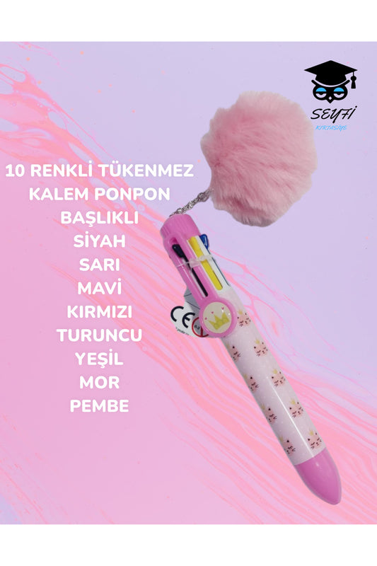 10 RENKLİ TÜKENMEZ KALEM PONPON BAŞLIKLI SİYAH SARI MAVİ KIRMIZI TURUNCU YEŞİL MOR PEMBE