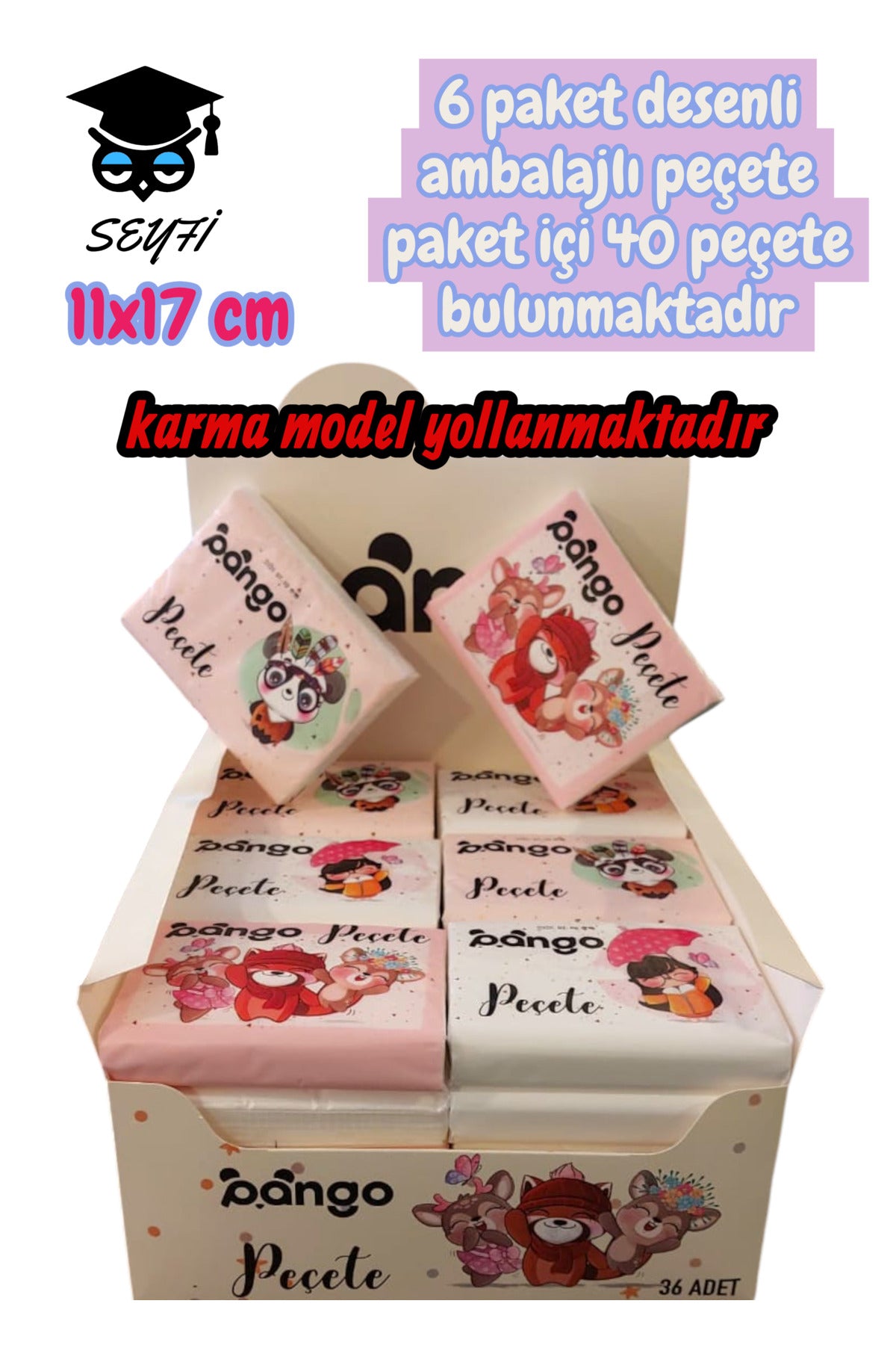 6 paket desenli ambalajlı peçete paket içi 40 peçete bulunmaktadır çocuk okul peçetesi