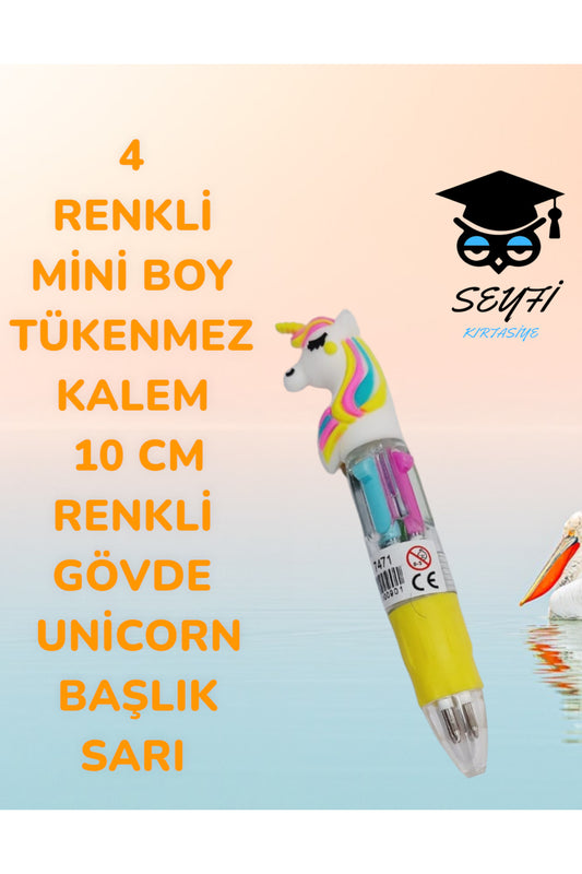 4 RENKLİ MİNİ BOY TÜKENMEZ KALEM 10 CM RENKLİ GÖVDE UNİCORN BAŞLIK