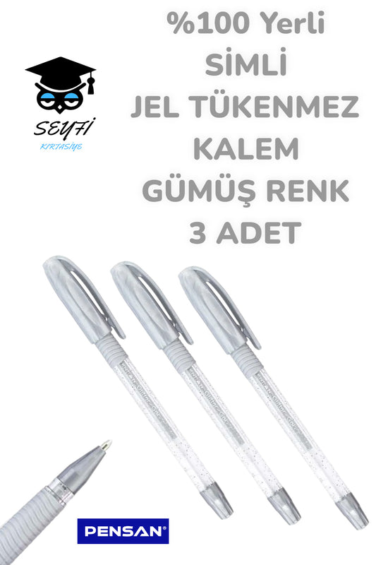 %100 Yerli SİMLİ JEL TÜKENMEZ KALEM GÜMÜŞ RENK 3 ADET PENSAN
