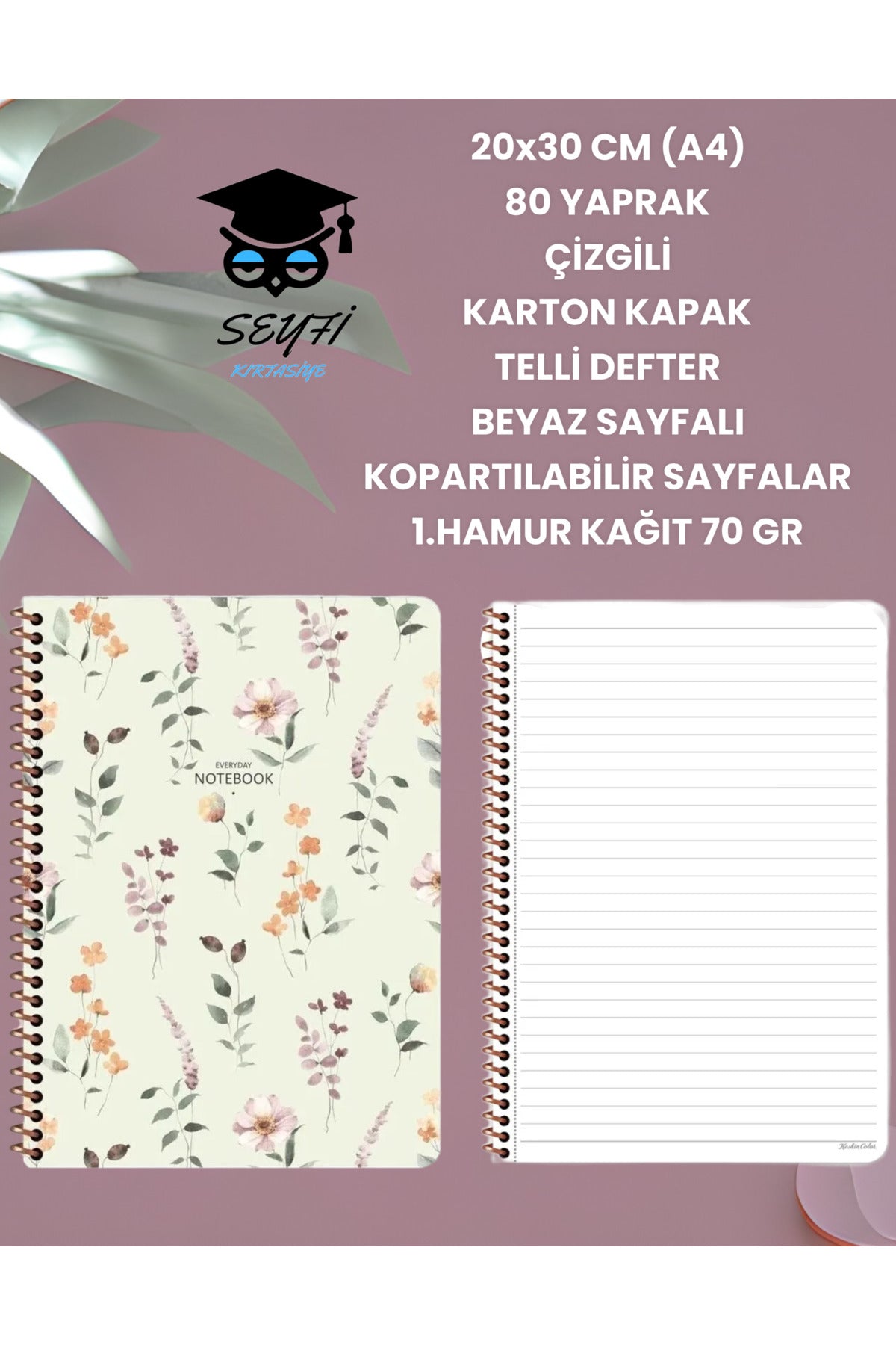 20x30 CM (A4) 80 YAPRAK ÇİZGİLİ KARTON KAPAK TELLİ DEFTER BEYAZ SAYFALI KOPARTILABİLİR SAYFALAR