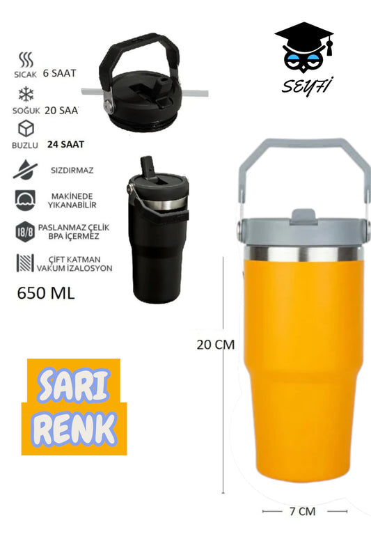 Çelik Termos Pipetli ve Tutmalı Üst Kısmı Geniş 650 ML