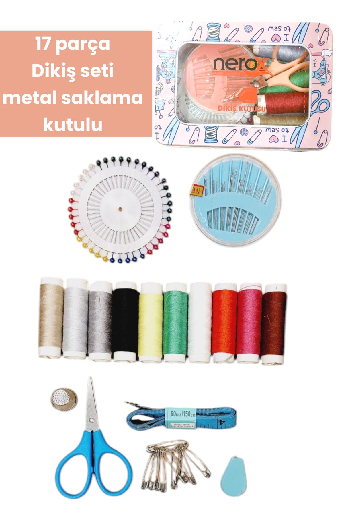 17 parça Dikiş seti metal saklama kutulu PEMBE KUTU
