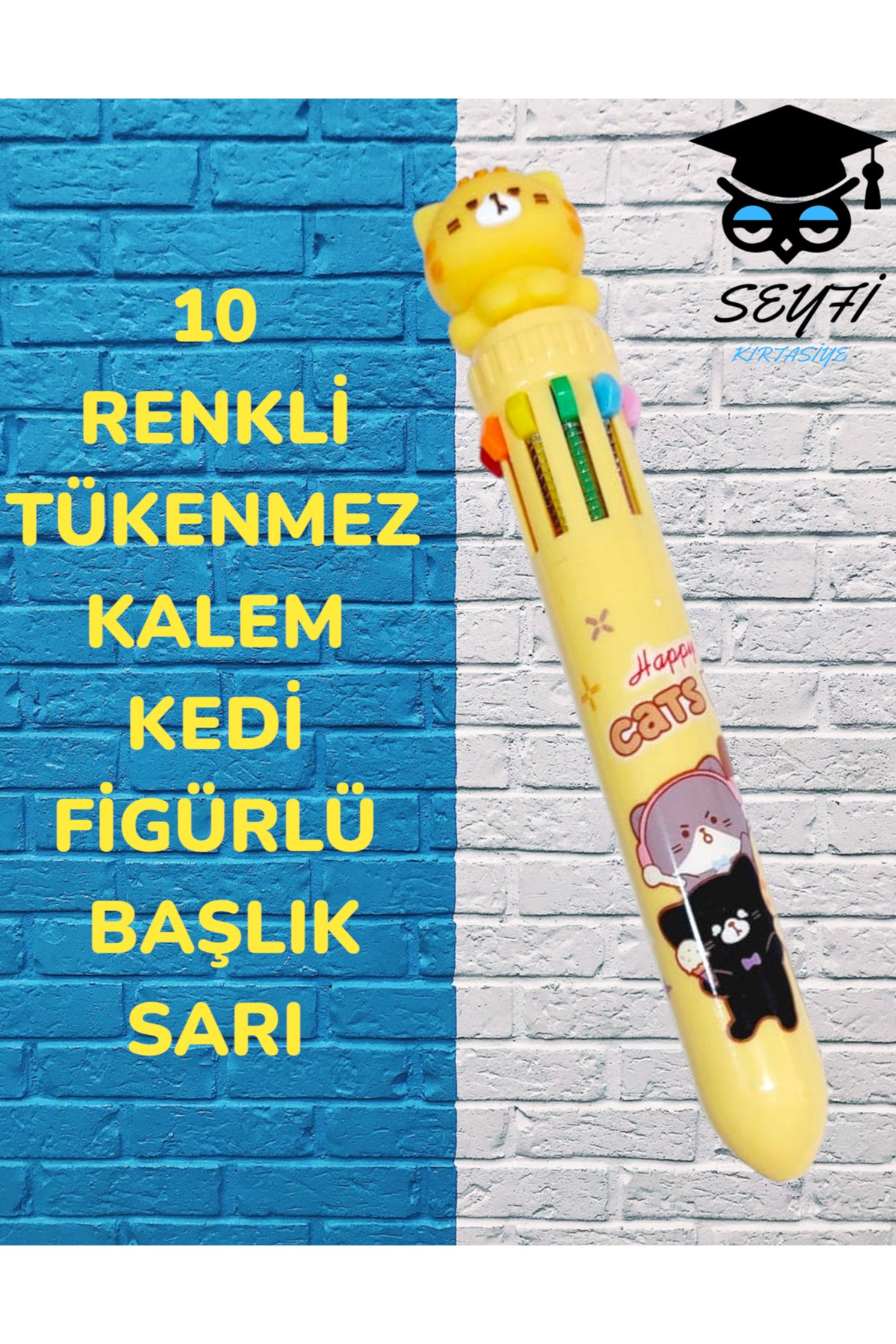10 RENKLİ TÜKENMEZ KALEM KEDİ FİGÜRLÜ BAŞLIK