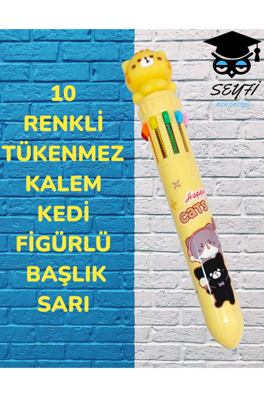 10 RENKLİ TÜKENMEZ KALEM KEDİ FİGÜRLÜ BAŞLIK