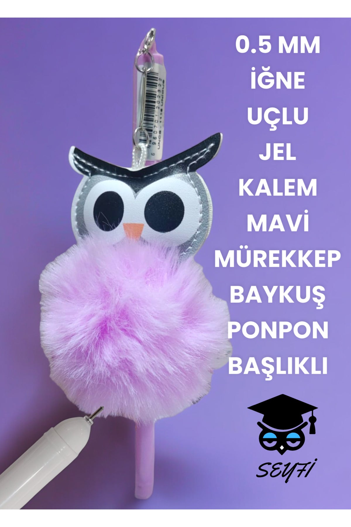 0.5 MM İĞNE UÇLU JEL TÜKENMEZ KALEM MAVİ MÜREKKEP BAYKUŞ PONPON BAŞLIKLI