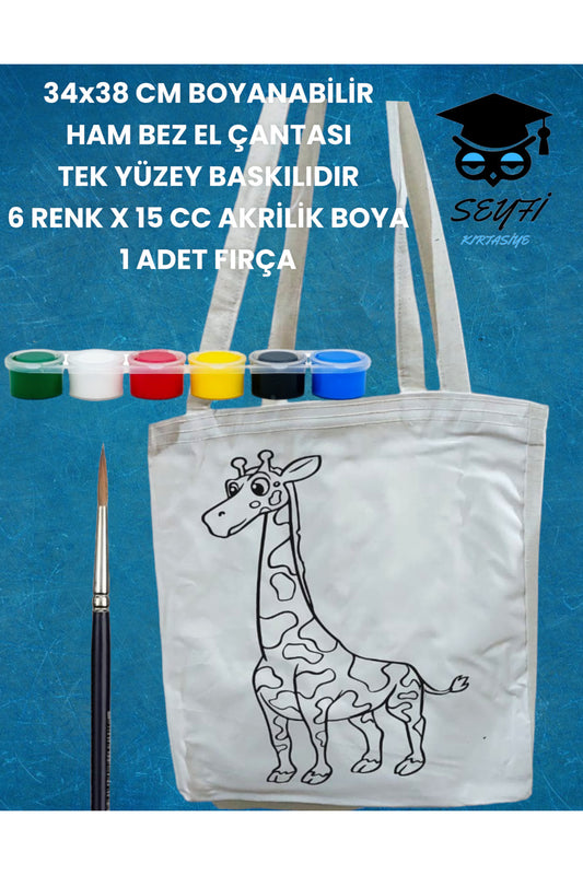 34x38 CM BOYANABİLİR HAM BEZ EL ÇANTASI TEK YÜZEY BASKILIDIR 6 RENK X 15 CC AKRİLİK BOYA 1 FIRÇA