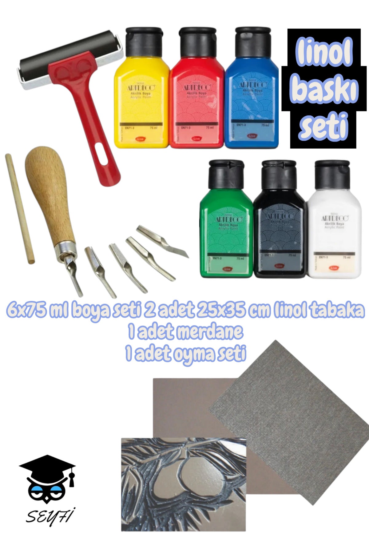 linol baskı seti 6x75 ml boya seti 2 adet 25x35 cm linol tabaka 1 adet merdane 1 adet oyma seti