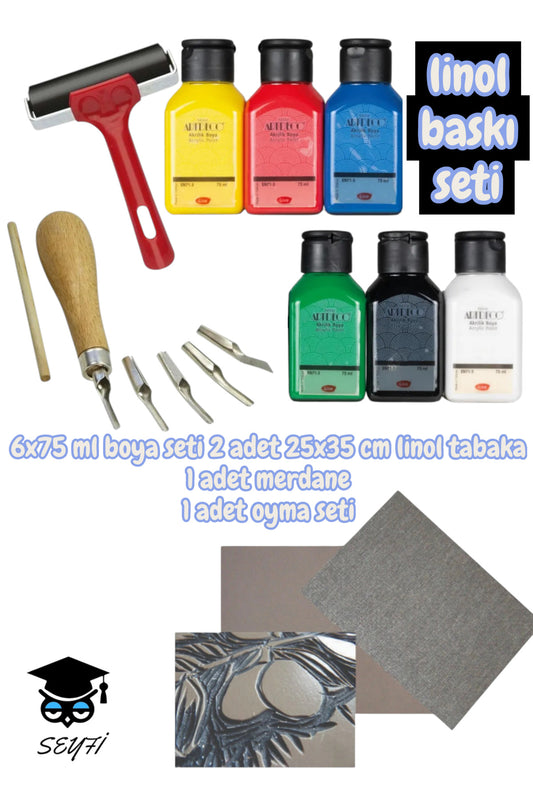 linol baskı seti 6x75 ml boya seti 2 adet 25x35 cm linol tabaka 1 adet merdane 1 adet oyma seti