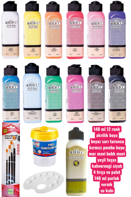 140 ml 12 renk akrilik boya seti 4 fırça palet 140 ml parlak vernik su kabı ahşap boyama sanat seti