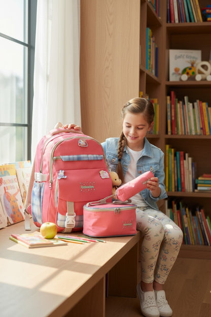 Rlx-1396 3'lü Set Çocuk İlkokul çantası Kalemlikli Beslenme Çantalı Sırt Çantası Pembe