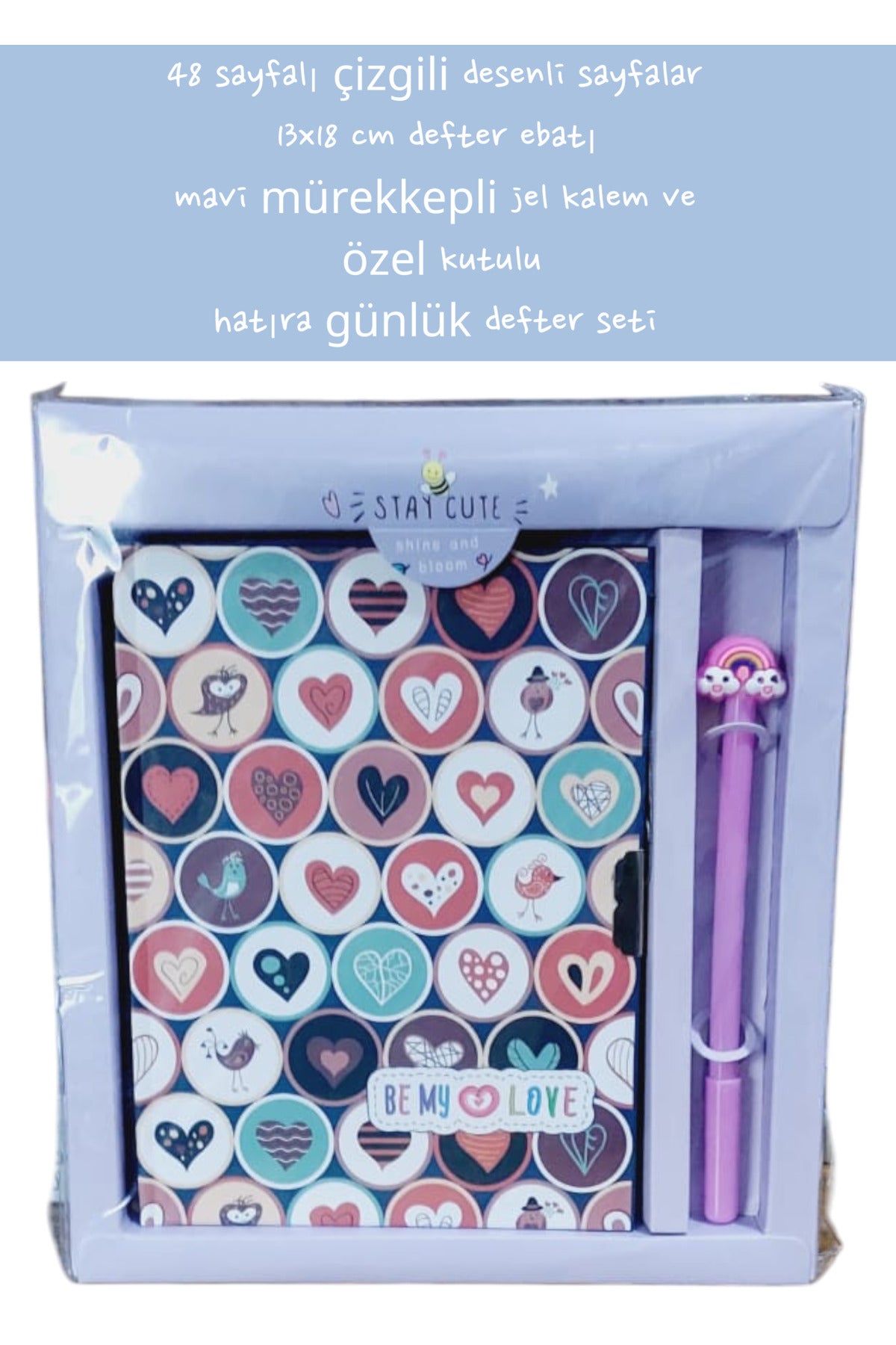 48 sayfalı çizgili desenli sayfalar 13x18 cm defter ebatı mavi mürekkepli jel kalem özel kutulu