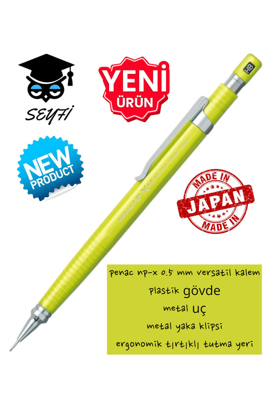 penac np-x 0.5 mm versatil kalem plastik gövde metal uç metal yaka klipsi ergonomik tırtıklı tutma