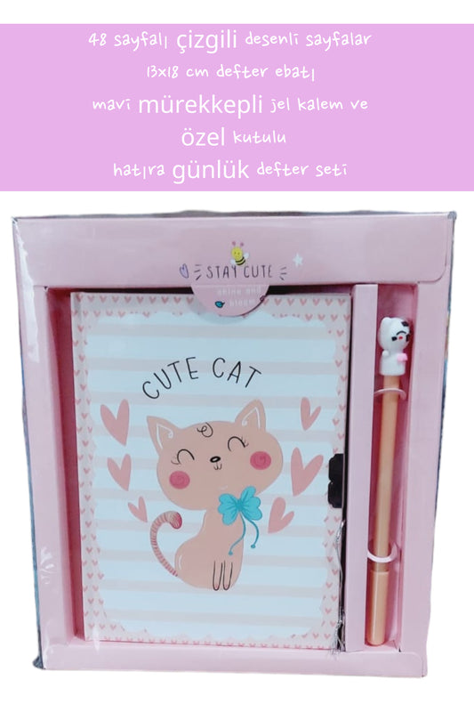 48 sayfalı çizgili desenli sayfalar 13x18 cm defter ebatı mavi mürekkepli jel kalem özel kutulu