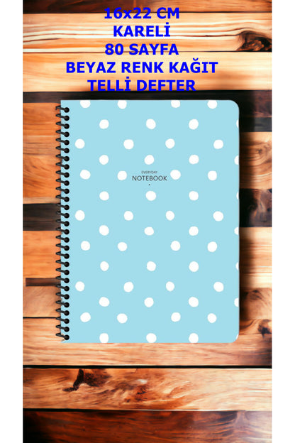 KARELİ 16X22 CM 80 YAPRAK PLASTİK KAPAK TELLİ DEFTER BEYAZ RENK SAYFALI PUANTİYE DESENLİ