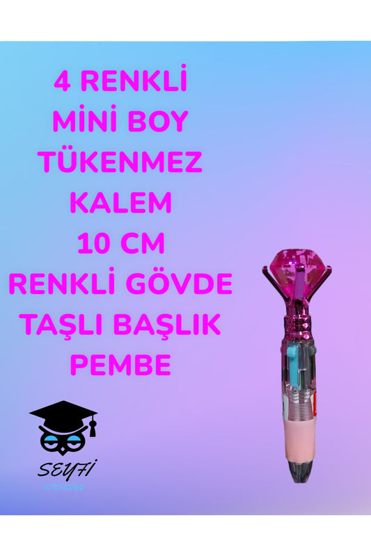 4 RENKLİ MİNİ BOY TÜKENMEZ KALEM 10 CM RENKLİ GÖVDE TAŞLI BAŞLIK ÇOK RENKLİ TÜKENMEZ KALEM
