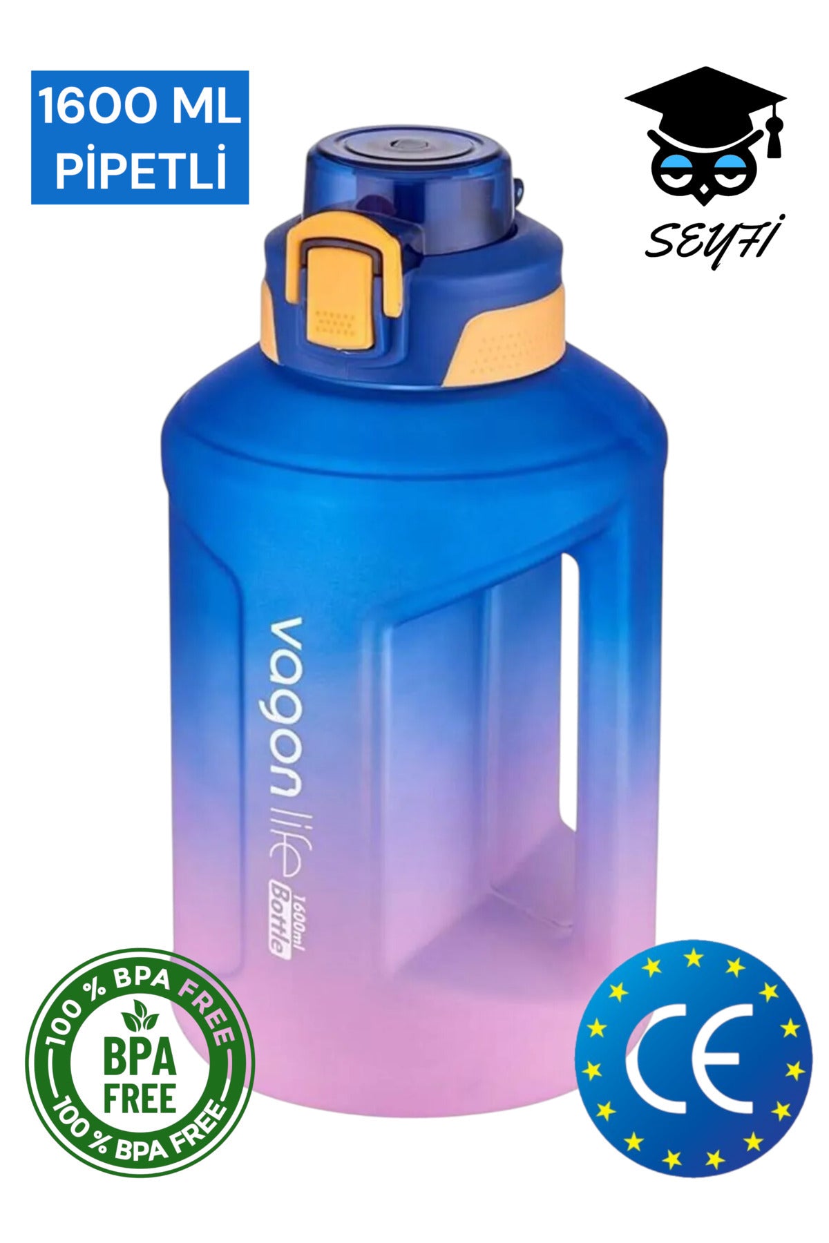 1600 Ml Çift Renk Pipetli Taşıma Askılı ve Kulplu Motivasyon Su Matarası Vagonlife 2307