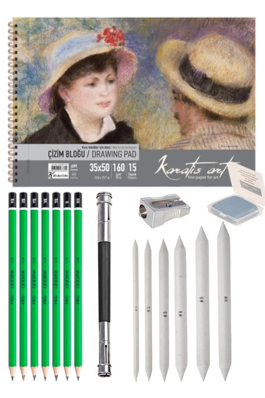 35X50 CM 160 GR ESKİZ DEFTERİ SETİ 7 ADET DERECELİ KALEM HB-B-2B-3B-4B-5B-6B PASTEL DAĞITICI ...
