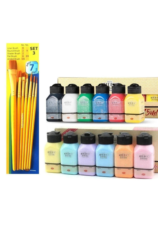 Akrilik Boya Seti 12 X 75 (Canlı Ve Pastel Renkler) Fanart Set3 (7li) Fırça Hediyeli