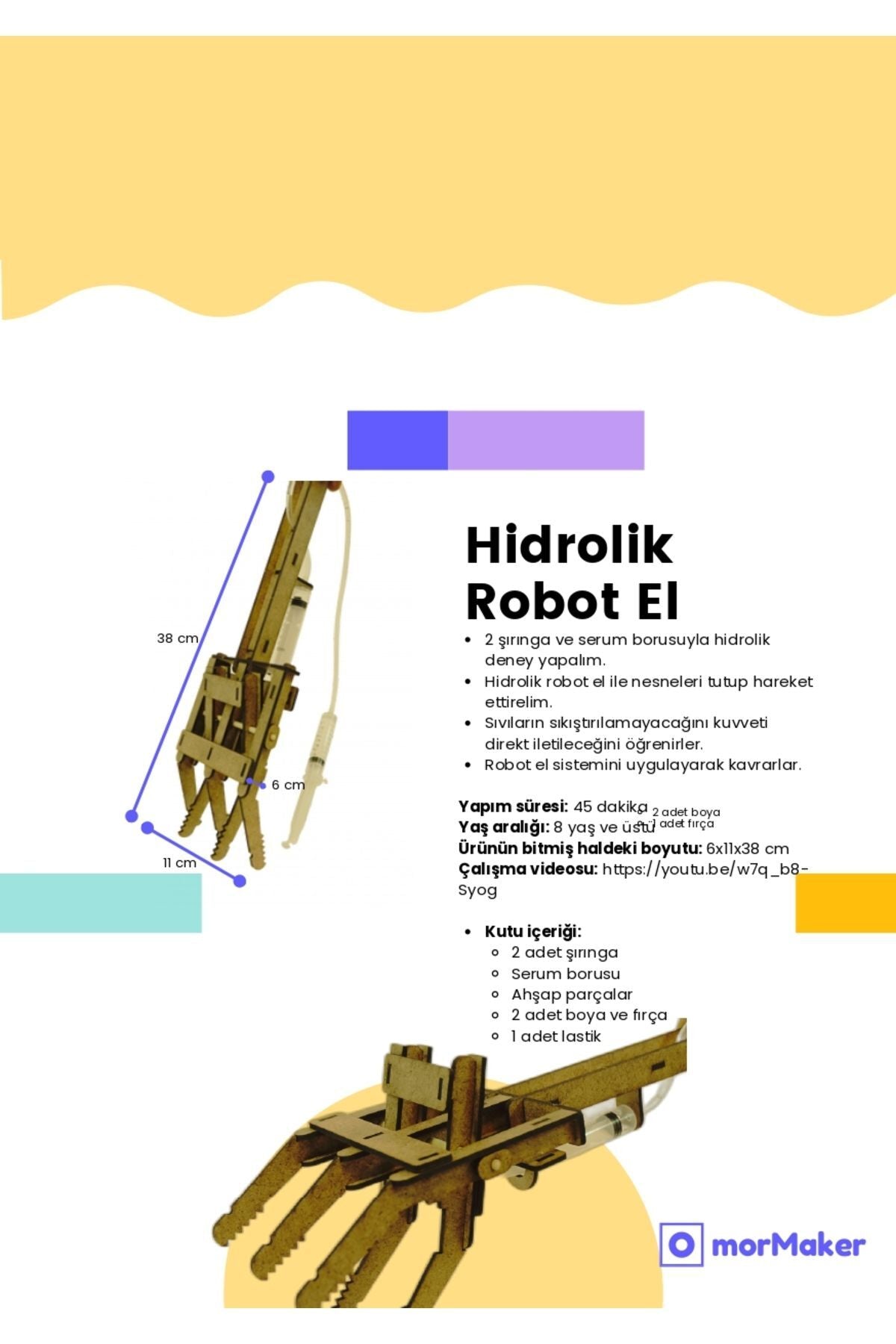 TÜRK MALI Hidrolik Robot El Ahşap Oyuncak STEM-A Eğitim Seti Çocuklar için Boyanabilir Maket