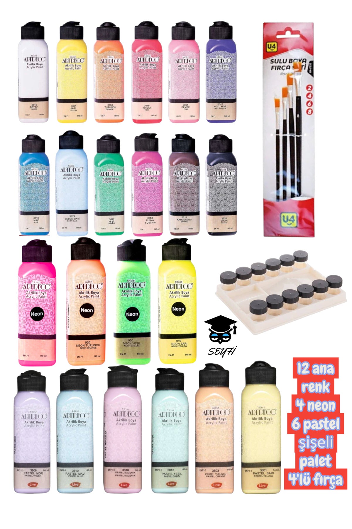 140 ml akrilik boya seti 12 ana renk 4 neon 6 pastel şişeli palet 4'lü fırça artdeco