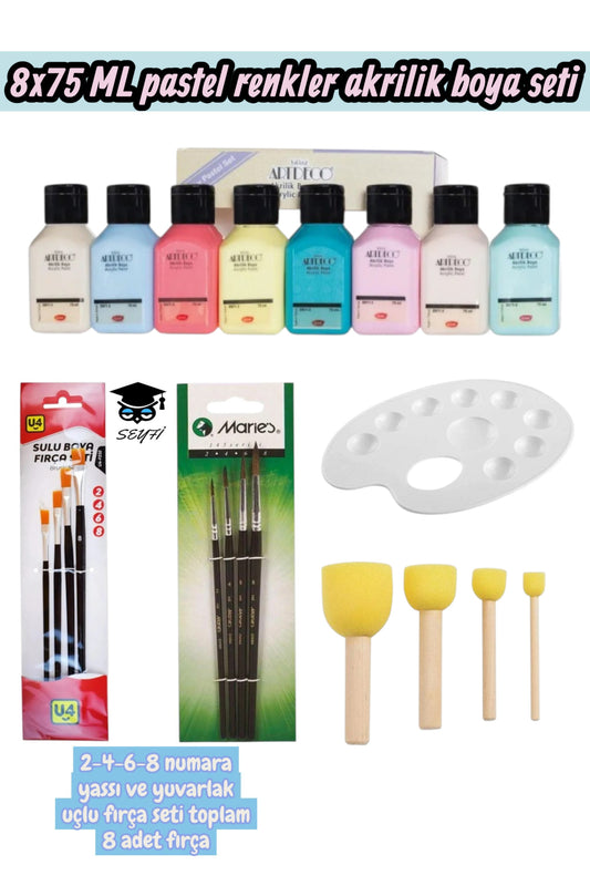 8x75 ML pastel renkler akrilik boya seti fırça palet seti