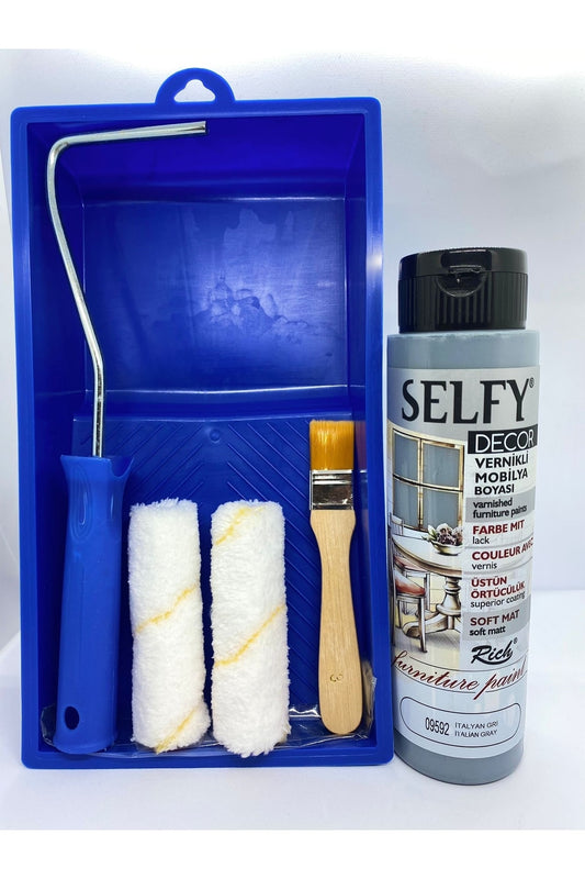 Selfy Decor Kendinden Vernikli Mobilya Boyası 500 Cc Italyan Gri Boyama Rulo Seti