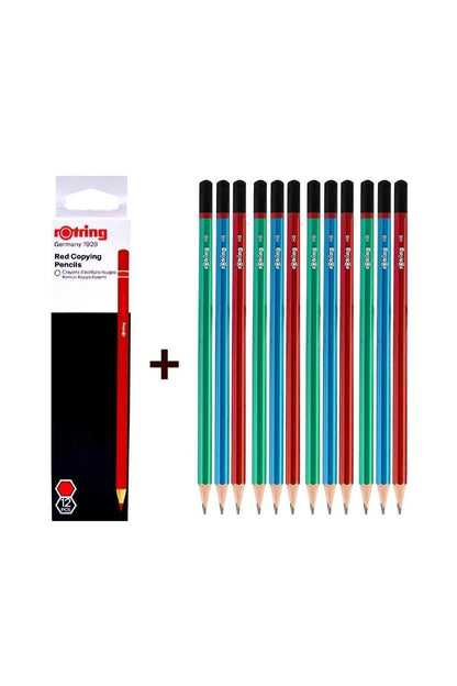 Mercanlı Kurşun Kalem 12 li + Rotring Kırmızı Kopya Kalemi 12 li