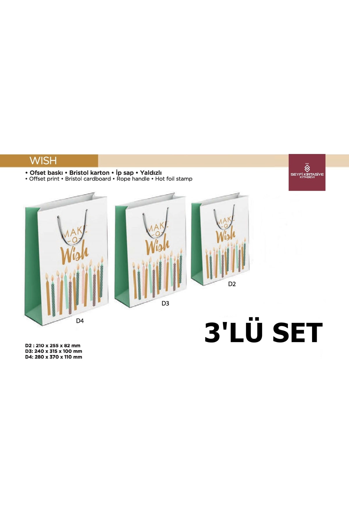 HEDİYELİK KARTON ÇANTA 3'LÜ SET WİSH SERİSİ