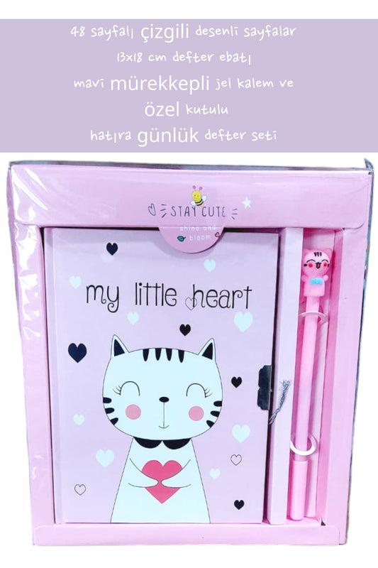 48 sayfalı çizgili desenli sayfalar 13x18 cm defter ebatı mavi mürekkepli jel kalem özel kutulu