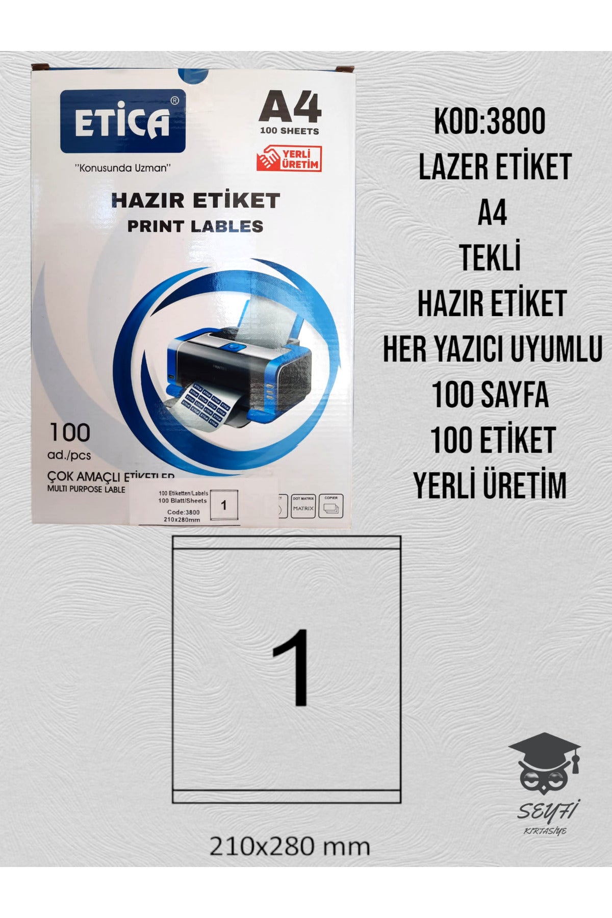 3800 LAZER ETİKET A4 TEKLİ HAZIR ETİKET HER YAZICI UYUMLU 100 SAYFA 100 ETİKET YERLİ ÜRETİM