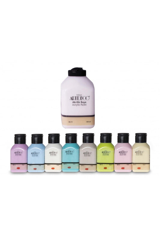 Akrilik Boya 8x75ml Pastel Smoky + BEYAZ 500ml Set