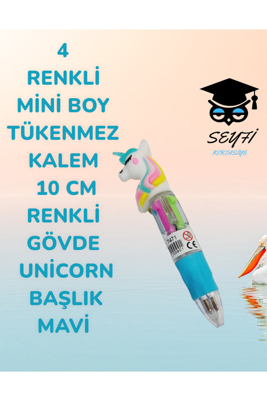 4 RENKLİ MİNİ BOY TÜKENMEZ KALEM 10 CM RENKLİ GÖVDE UNİCORN BAŞLIK
