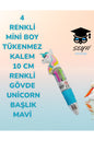 4 RENKLİ MİNİ BOY TÜKENMEZ KALEM 10 CM RENKLİ GÖVDE UNİCORN BAŞLIK